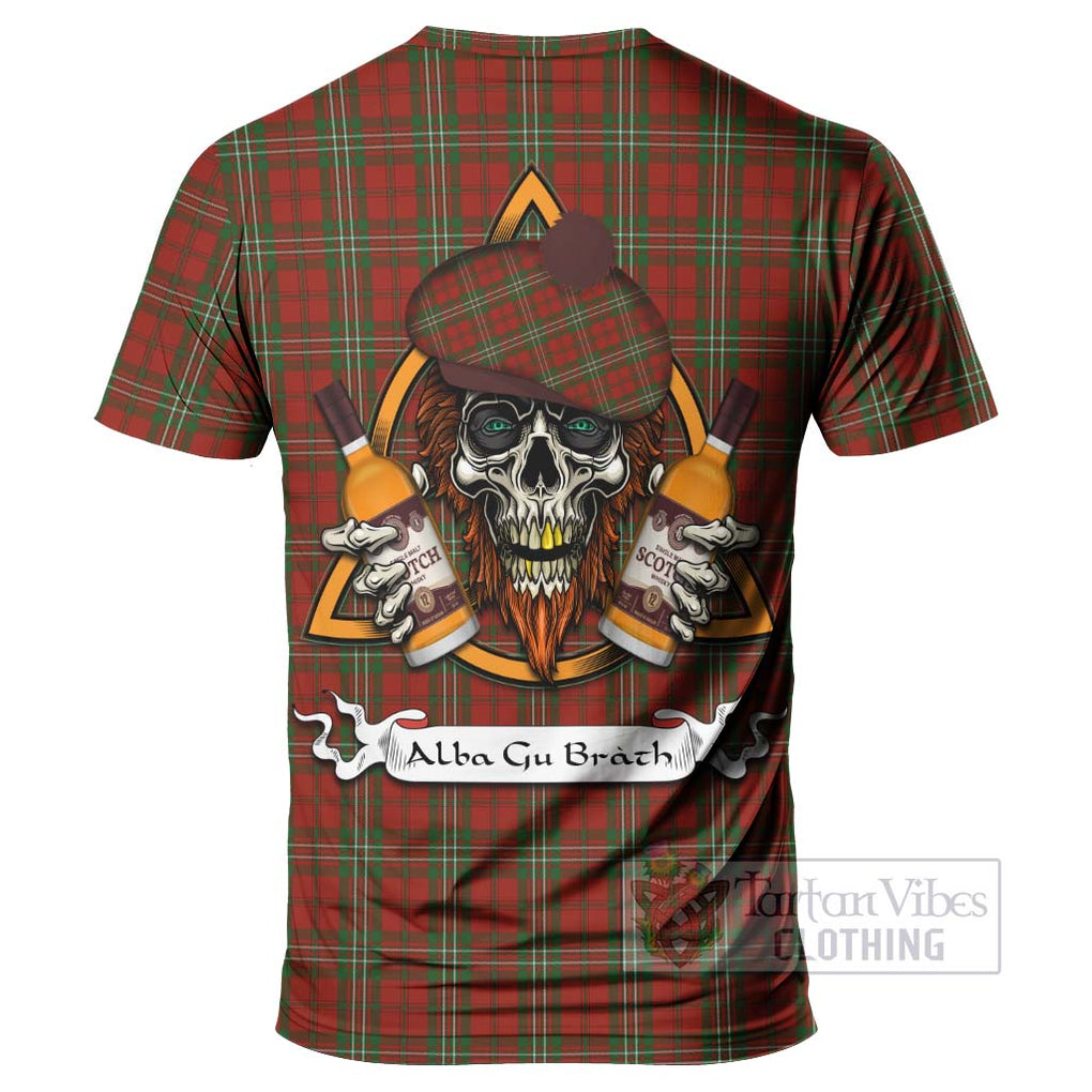 Tartan Vibes Clothing Scott Tartan T-Shirt with Family Crest and Bearded Skull Holding Bottles of Whiskey