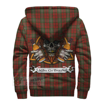 Scott Tartan Sherpa Hoodie with Family Crest and Bearded Skull Holding Bottles of Whiskey