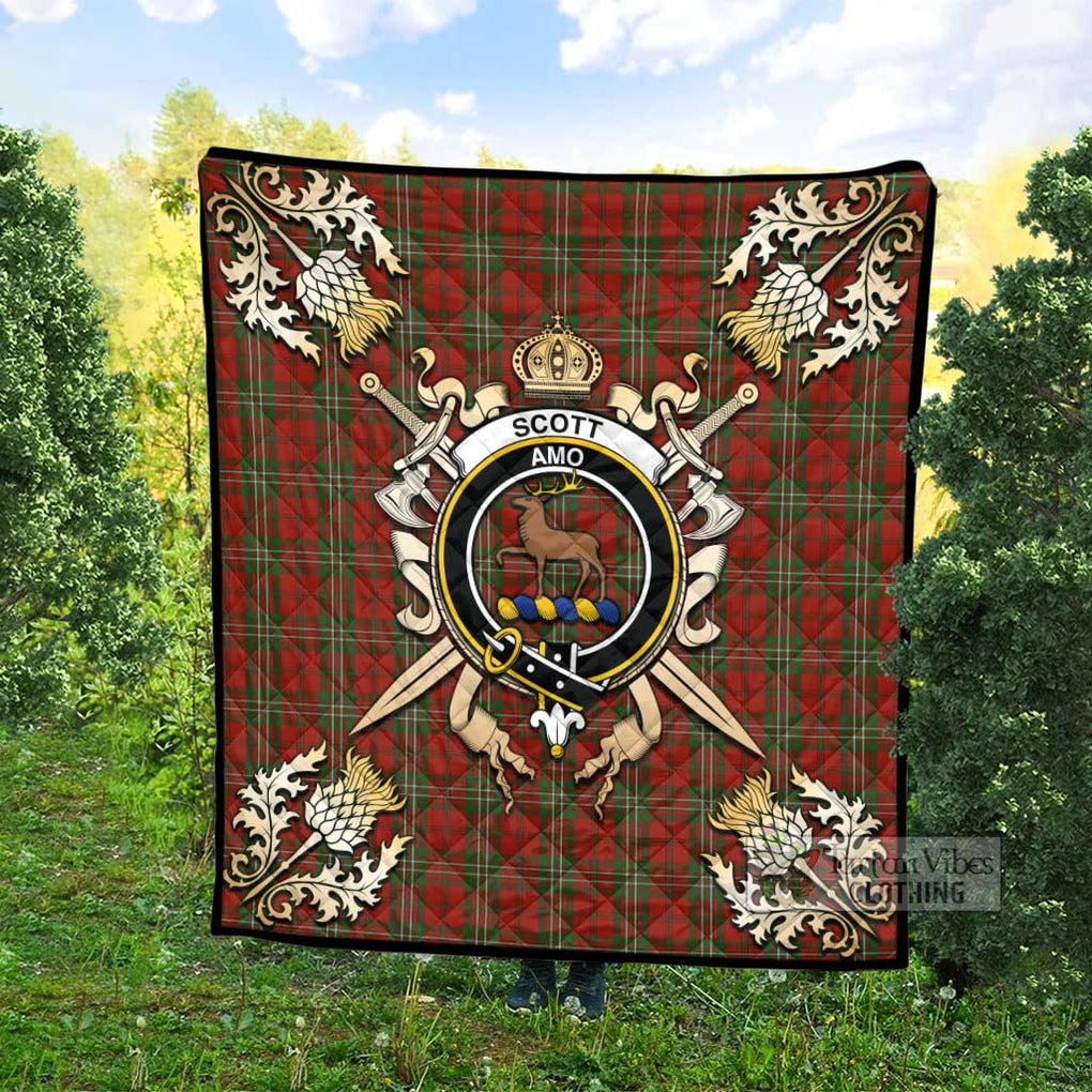 Tartan Vibes Clothing Scott Tartan Quilt with Family Crest and Scottish Golden Courage Shield