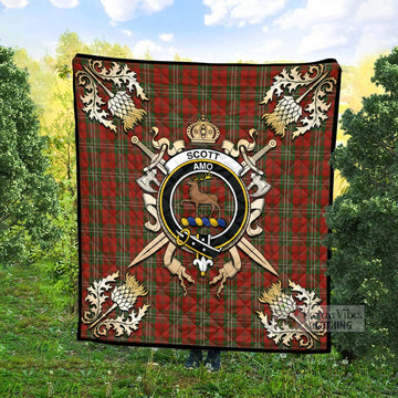 Scott Tartan Quilt with Family Crest and Golden Thistle Crossed Sword Design