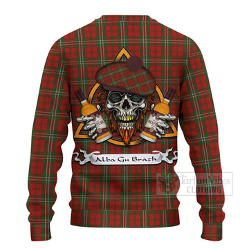 Scott Tartan Ugly Sweater with Family Crest and Bearded Skull Holding Bottles of Whiskey