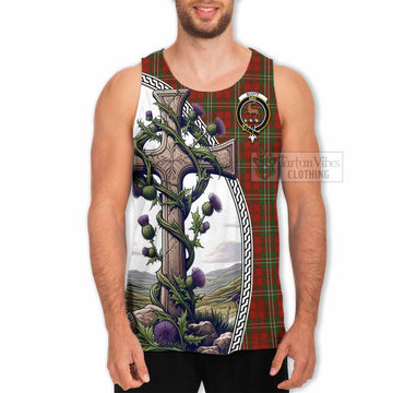 Scott Tartan Men's Tank Top with Family Crest and St. Andrew's Cross Accented by Thistle Vines