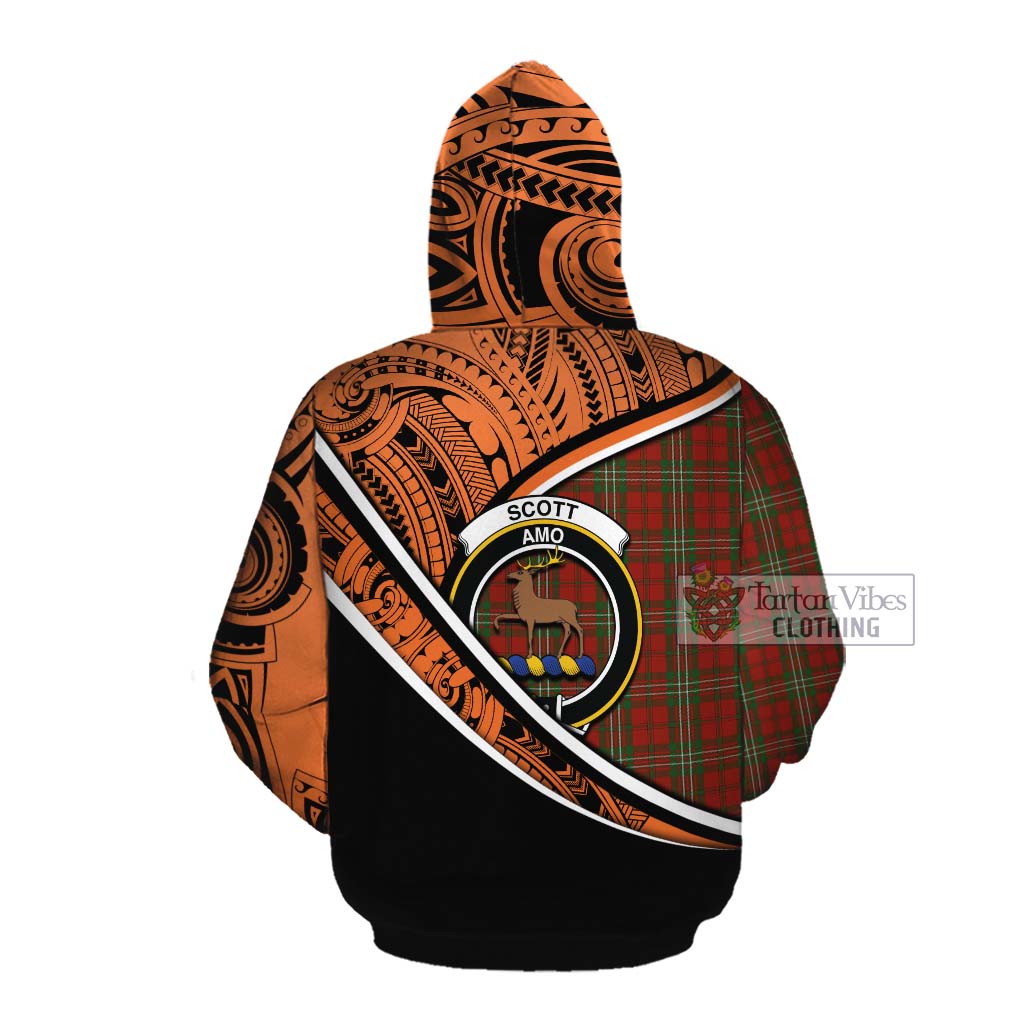 Tartan Vibes Clothing Scott Crest Tartan Cotton Hoodie with Maori Tattoo Style - Orange Version