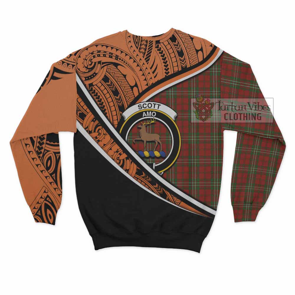 Tartan Vibes Clothing Scott Crest Tartan Sweatshirt with Maori Tattoo Style - Orange Version