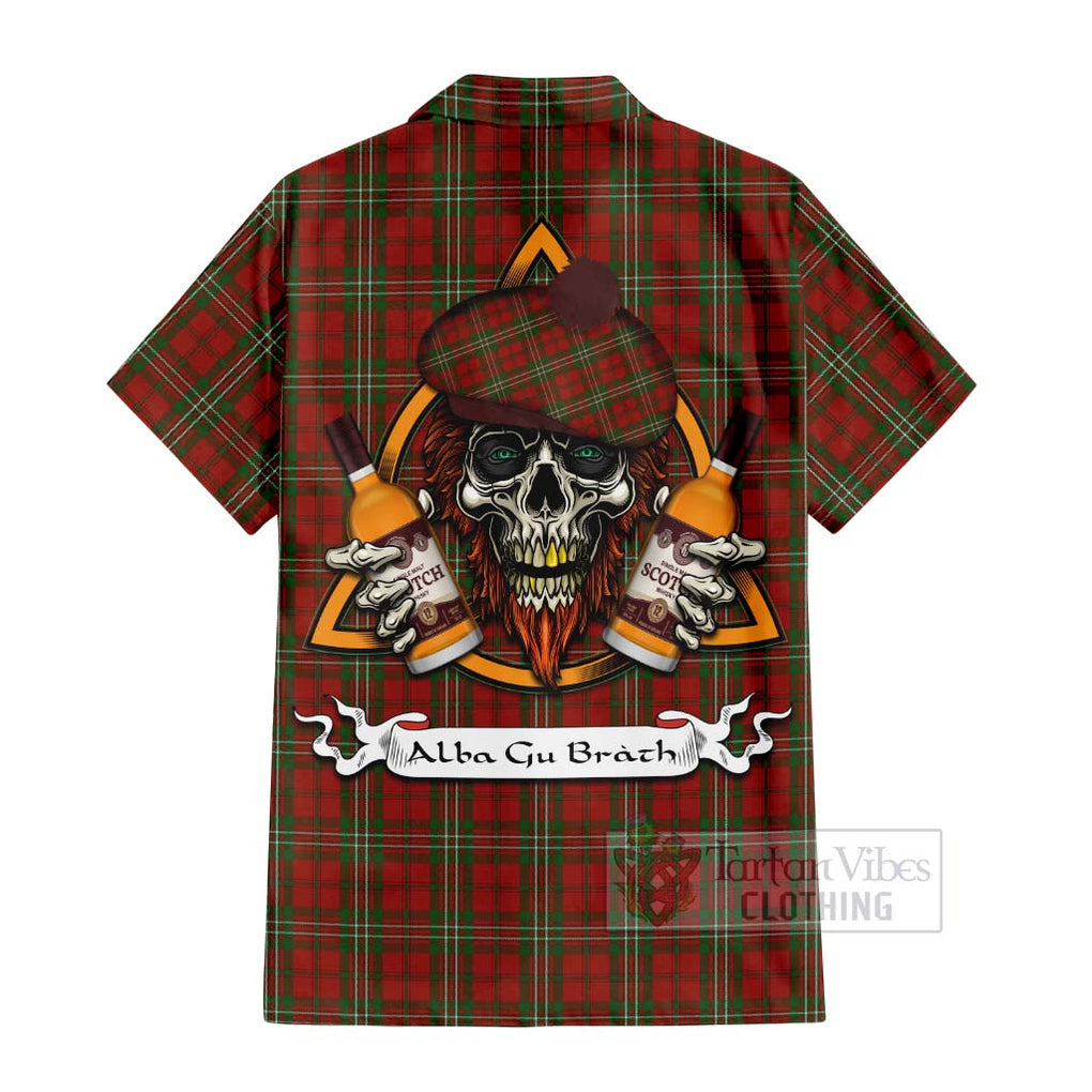 Tartan Vibes Clothing Scott Tartan Short Sleeve Button Shirt with Family Crest and Bearded Skull Holding Bottles of Whiskey