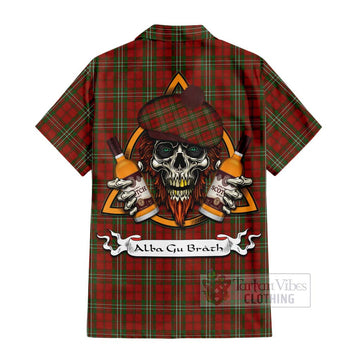 Scott Tartan Short Sleeve Button Shirt with Family Crest and Bearded Skull Holding Bottles of Whiskey