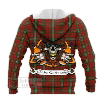 Scott Tartan Knitted Hoodie with Family Crest and Bearded Skull Holding Bottles of Whiskey