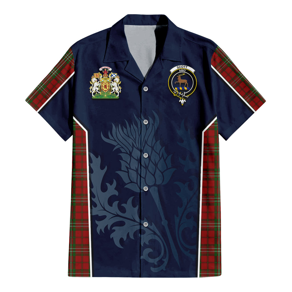 Tartan Vibes Clothing Scott Tartan Short Sleeve Button Up Shirt with Family Crest and Scottish Thistle Vibes Sport Style