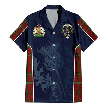 Scott Tartan Short Sleeve Button Up Shirt with Family Crest and Scottish Thistle Vibes Sport Style