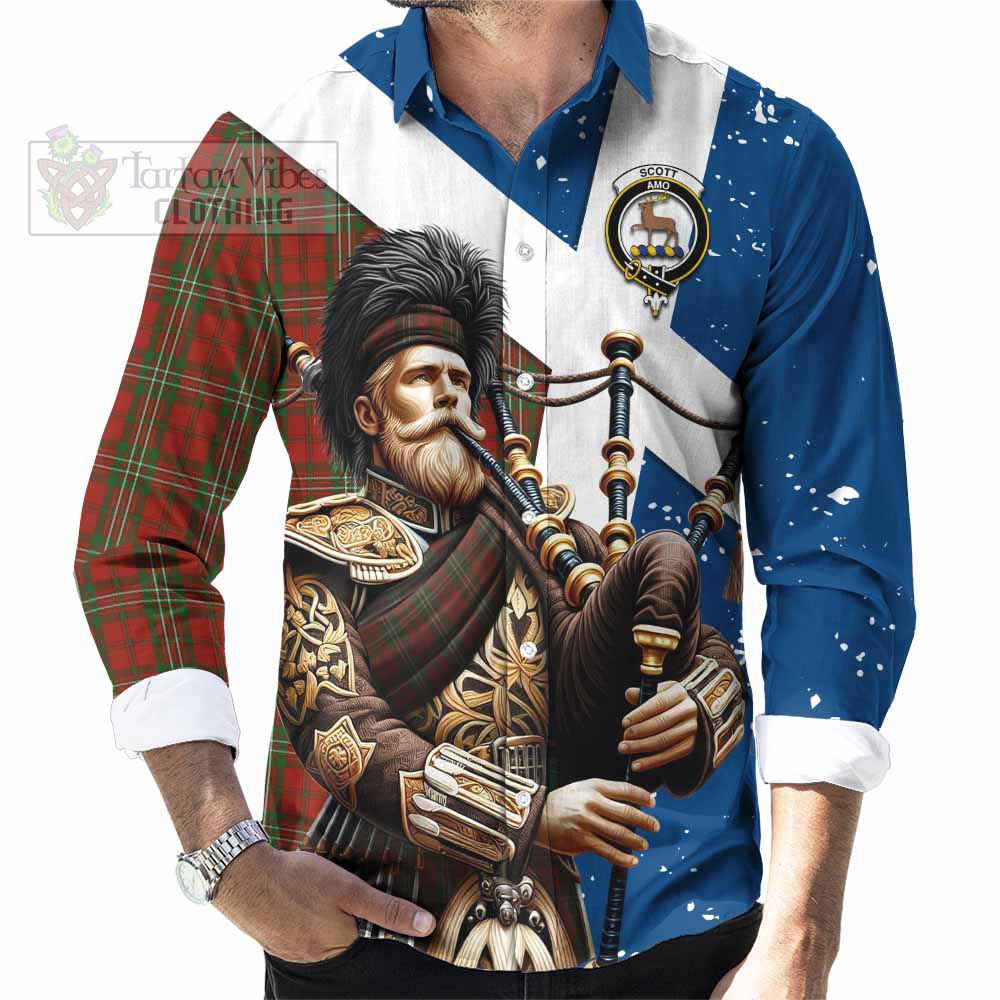 Tartan Vibes Clothing Scott Tartan Long Sleeve Button Shirt with Family Crest Scottish Bagpiper Vibes