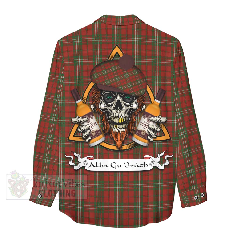 Tartan Vibes Clothing Scott Tartan Women's Casual Shirt with Family Crest and Bearded Skull Holding Bottles of Whiskey