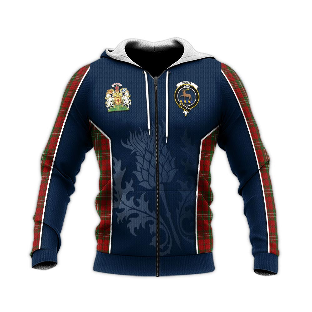 Tartan Vibes Clothing Scott Tartan Knitted Hoodie with Family Crest and Scottish Thistle Vibes Sport Style