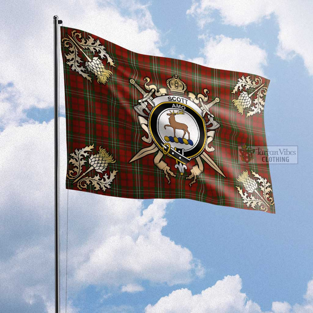 Tartan Vibes Clothing Scott Tartan Flag with Family Crest and Golden Thistle Crossed Sword Design