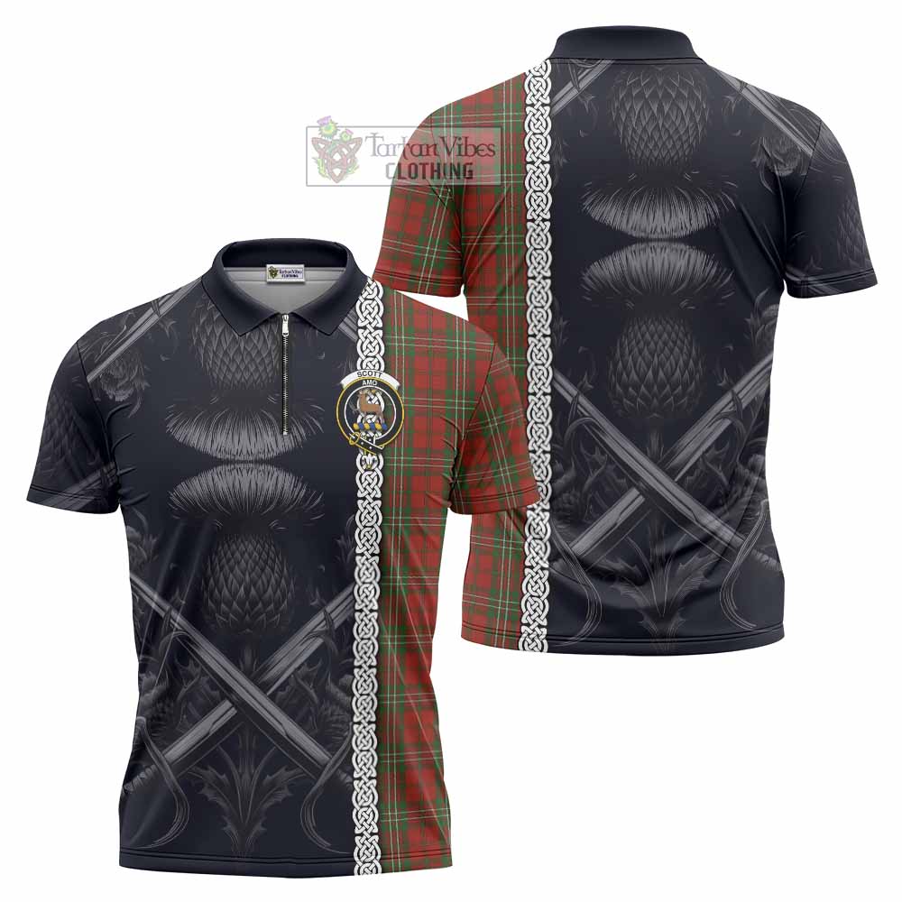 Tartan Vibes Clothing Scott Tartan Zipper Polo Shirt with Family Crest Cross Sword Thistle Celtic Vibes