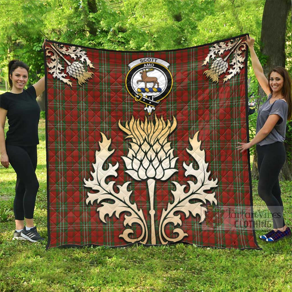 Tartan Vibes Clothing Scott Tartan Quilt with Family Crest and Golden Thistle Style