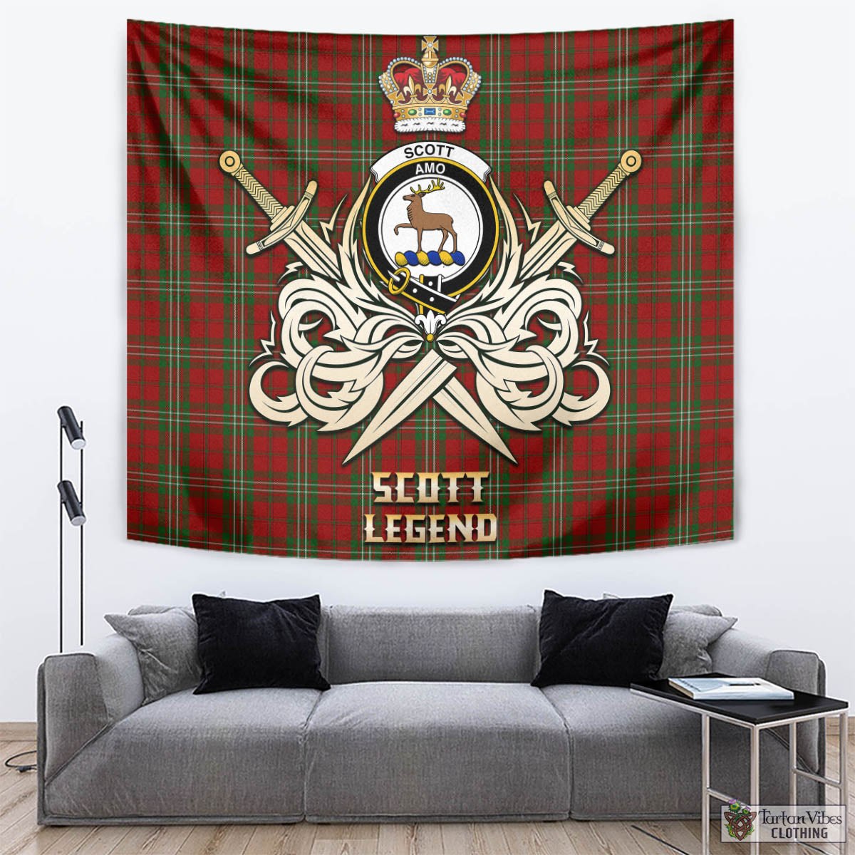 Tartan Vibes Clothing Scott Tartan Tapestry with Clan Crest and the Golden Sword of Courageous Legacy