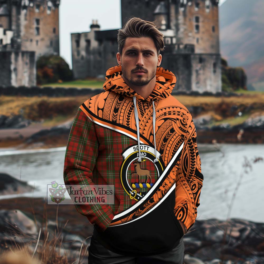 Tartan Vibes Clothing Scott Crest Tartan Cotton Hoodie with Maori Tattoo Style - Orange Version