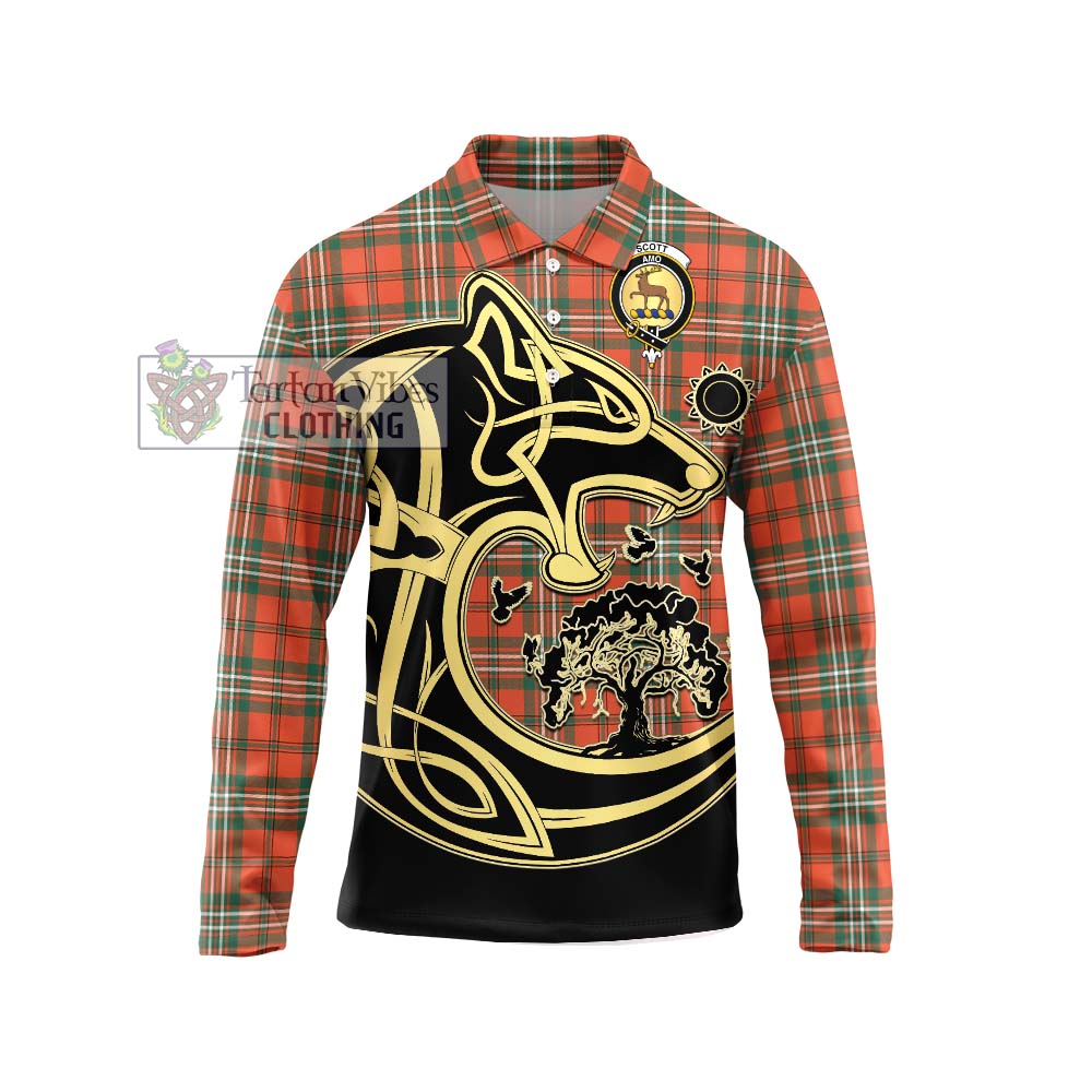 Scott Ancient Tartan Long Sleeve Polo Shirt with Family Crest Celtic Wolf Style Unisex - Tartanvibesclothing Shop