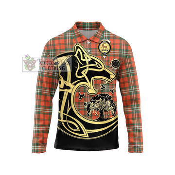 Scott Ancient Tartan Long Sleeve Polo Shirt with Family Crest Celtic Wolf Style