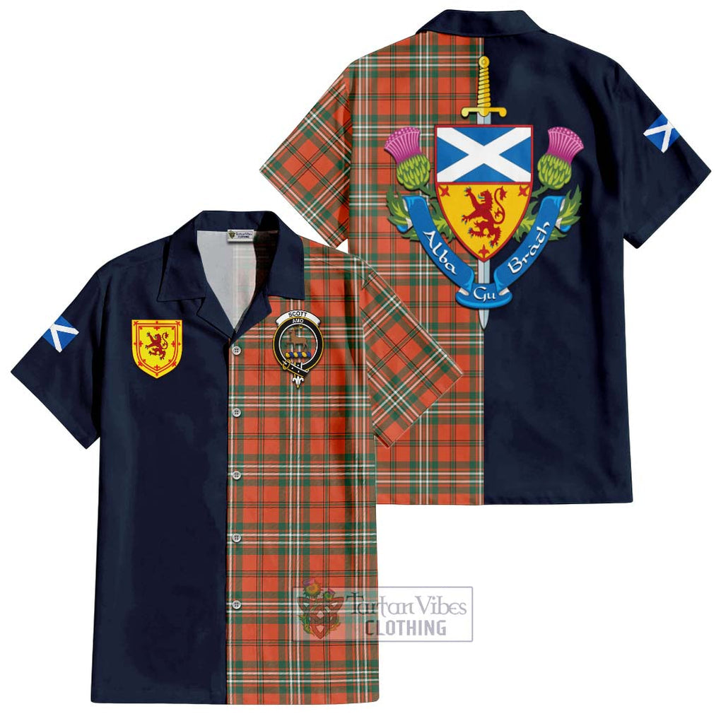 Tartan Vibes Clothing Scott Ancient Tartan Short Sleeve Button Shirt with Scottish Lion Royal Arm Half Style