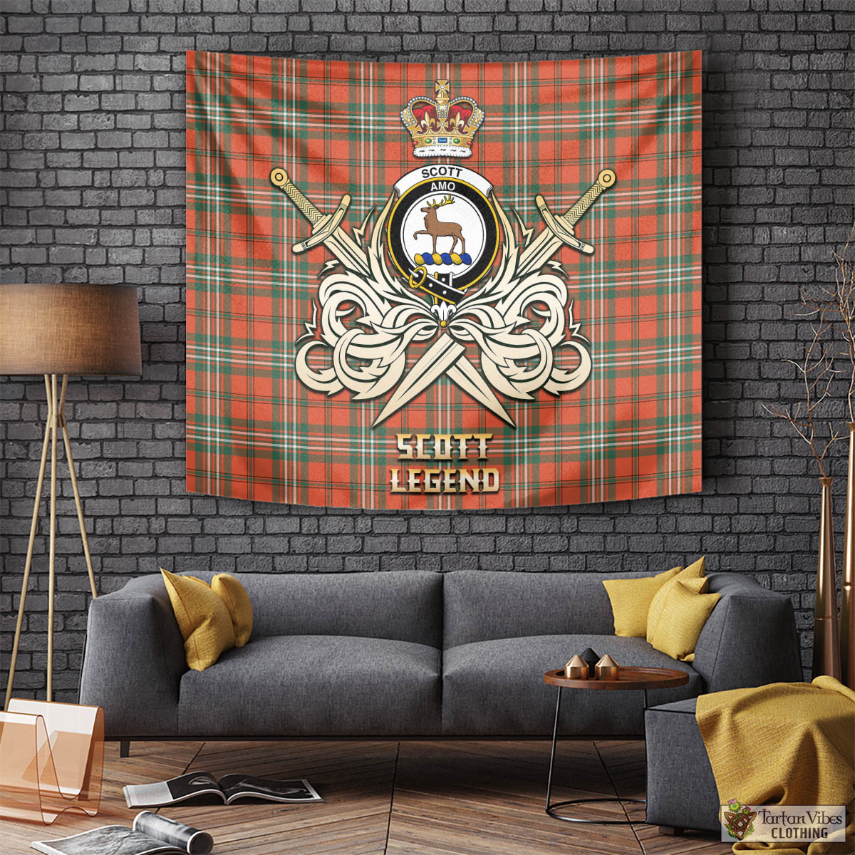 Tartan Vibes Clothing Scott Ancient Tartan Tapestry with Clan Crest and the Golden Sword of Courageous Legacy