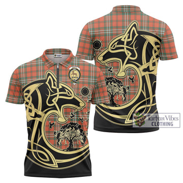 Scott Ancient Tartan Zipper Polo Shirt with Family Crest Celtic Wolf Style