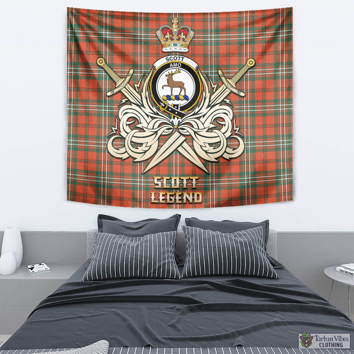 Tartan Vibes Clothing Scott Ancient Tartan Tapestry with Clan Crest and the Golden Sword of Courageous Legacy