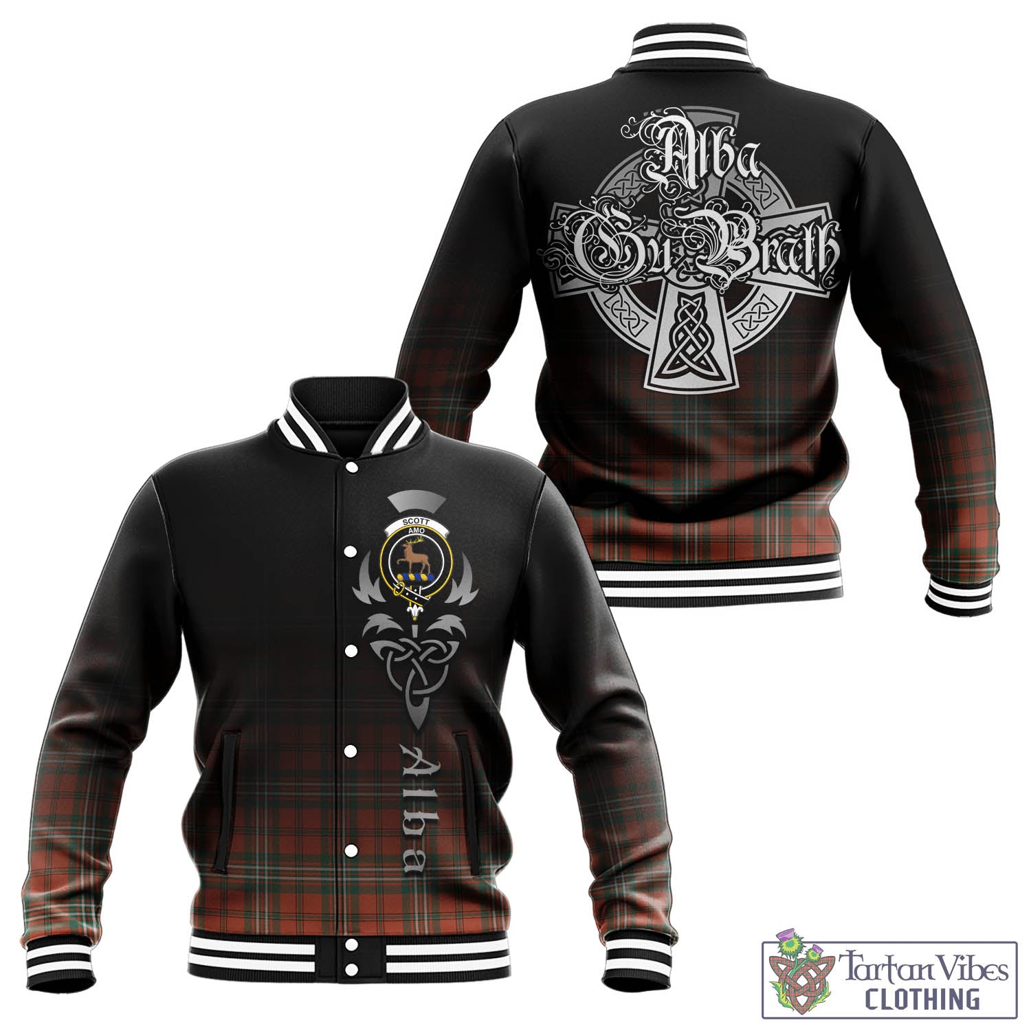 Tartan Vibes Clothing Scott Ancient Tartan Baseball Jacket Featuring Alba Gu Brath Family Crest Celtic Inspired