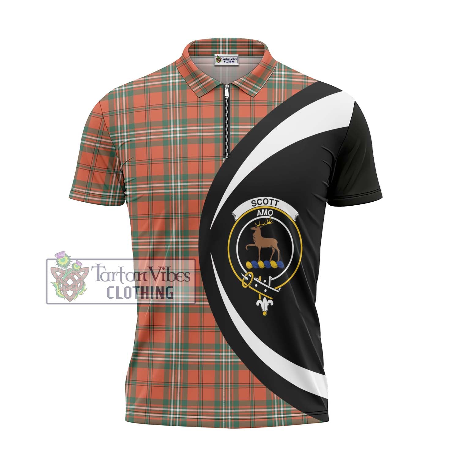 Scott Ancient Tartan Zipper Polo Shirt with Family Crest Circle Style - Tartan Vibes Clothing