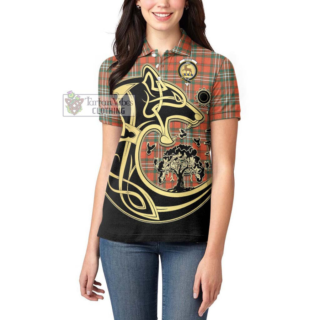 Scott Ancient Tartan Women's Polo Shirt with Family Crest Celtic Wolf Style - Tartanvibesclothing Shop