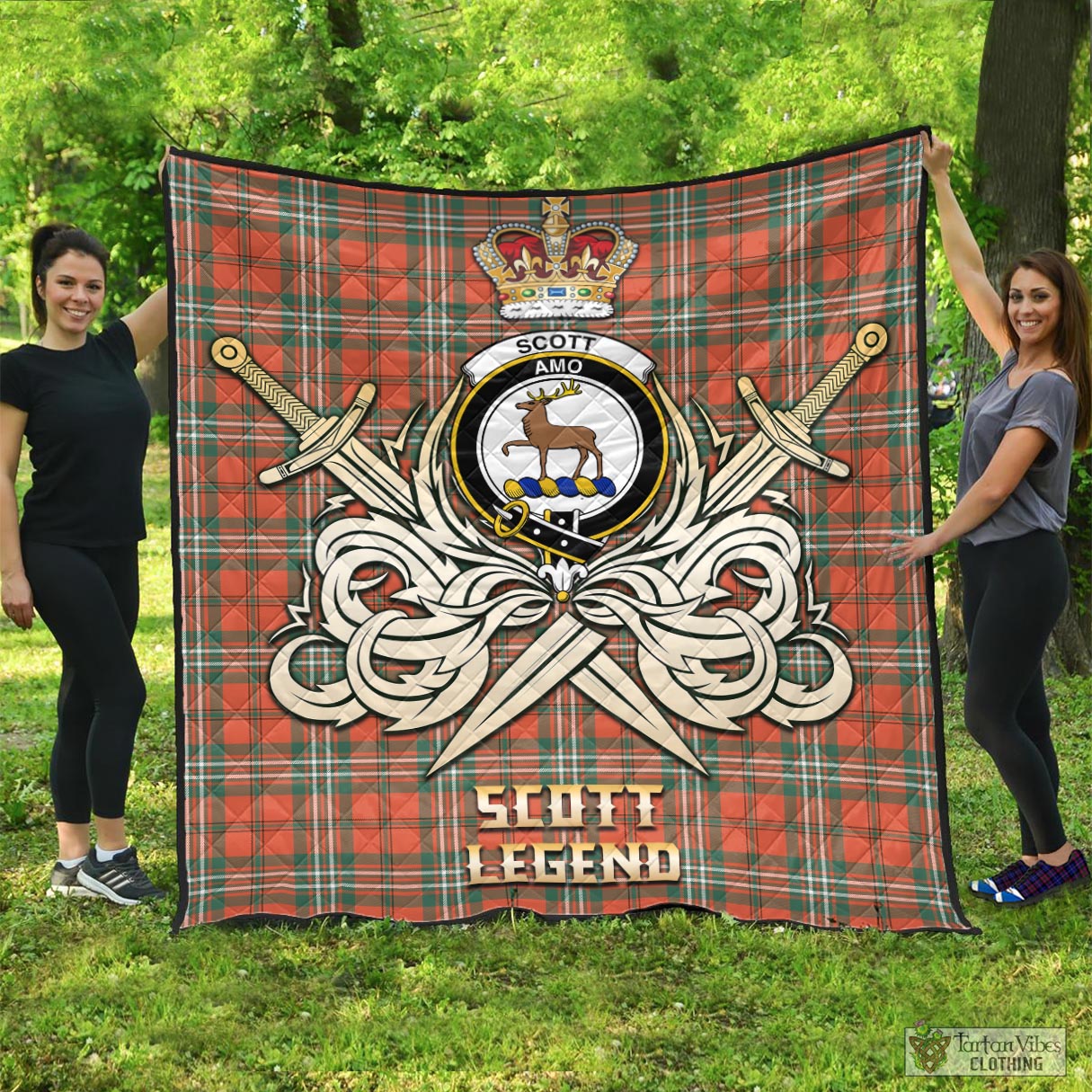 Tartan Vibes Clothing Scott Ancient Tartan Quilt with Clan Crest and the Golden Sword of Courageous Legacy