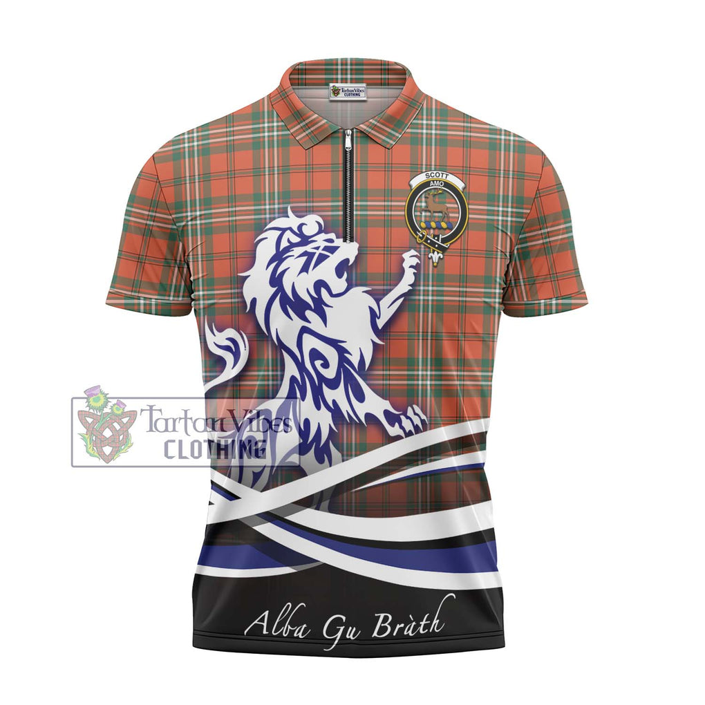 Scott Ancient Tartan Zipper Polo Shirt with Alba Gu Brath Regal Lion Emblem - Tartanvibesclothing Shop