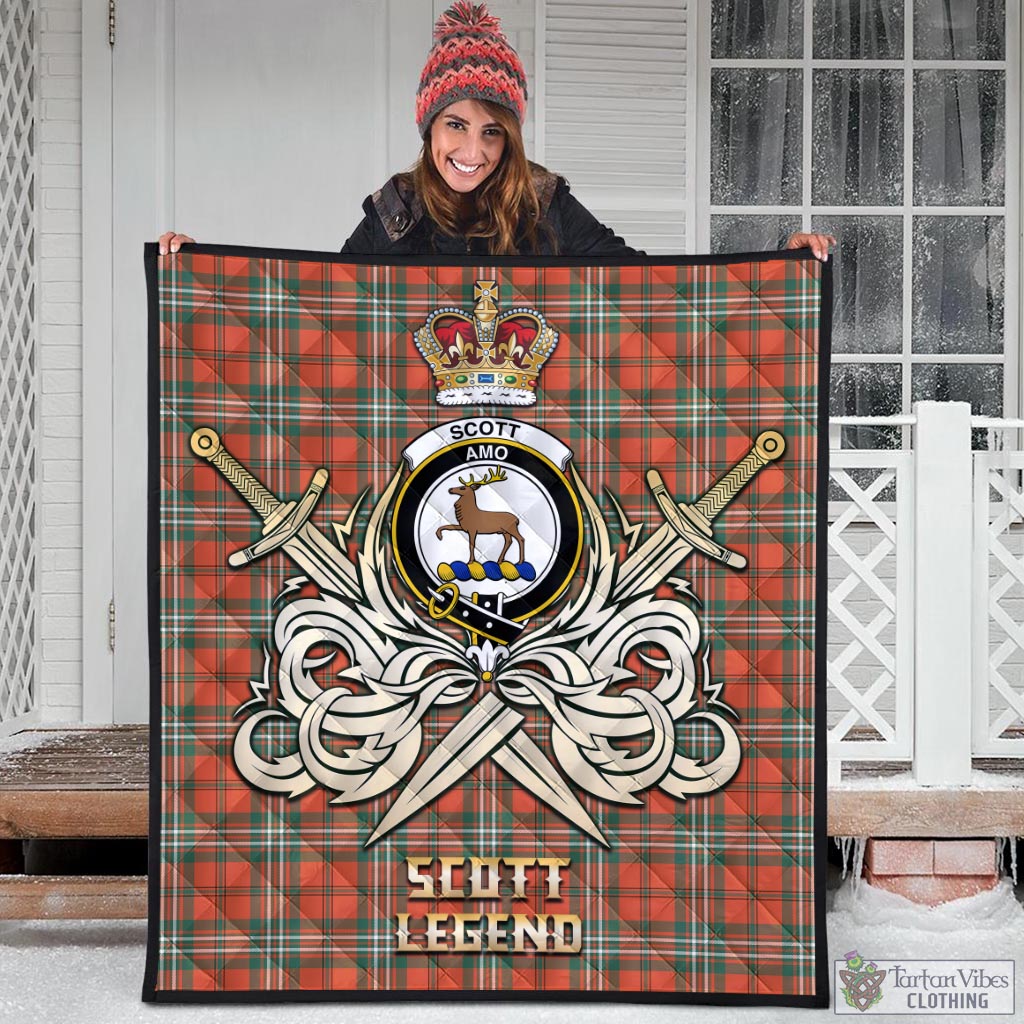 Tartan Vibes Clothing Scott Ancient Tartan Quilt with Clan Crest and the Golden Sword of Courageous Legacy