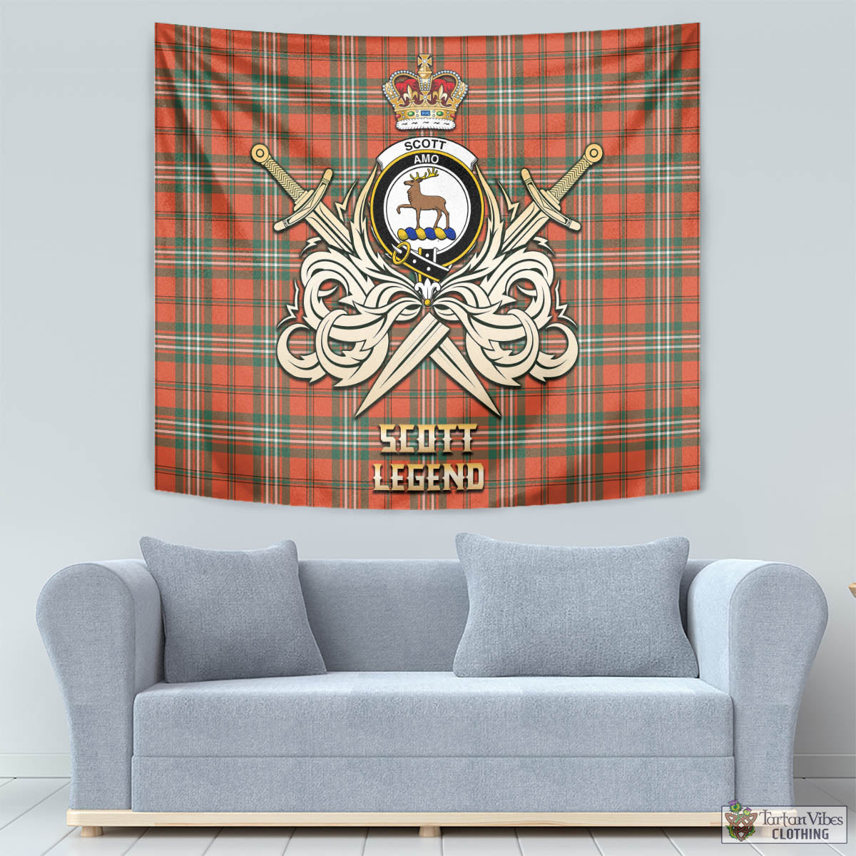 Tartan Vibes Clothing Scott Ancient Tartan Tapestry with Clan Crest and the Golden Sword of Courageous Legacy