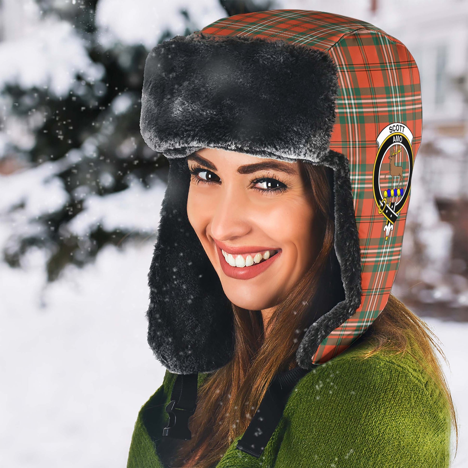 Scott Ancient Tartan Winter Trapper Hat with Family Crest - Tartanvibesclothing