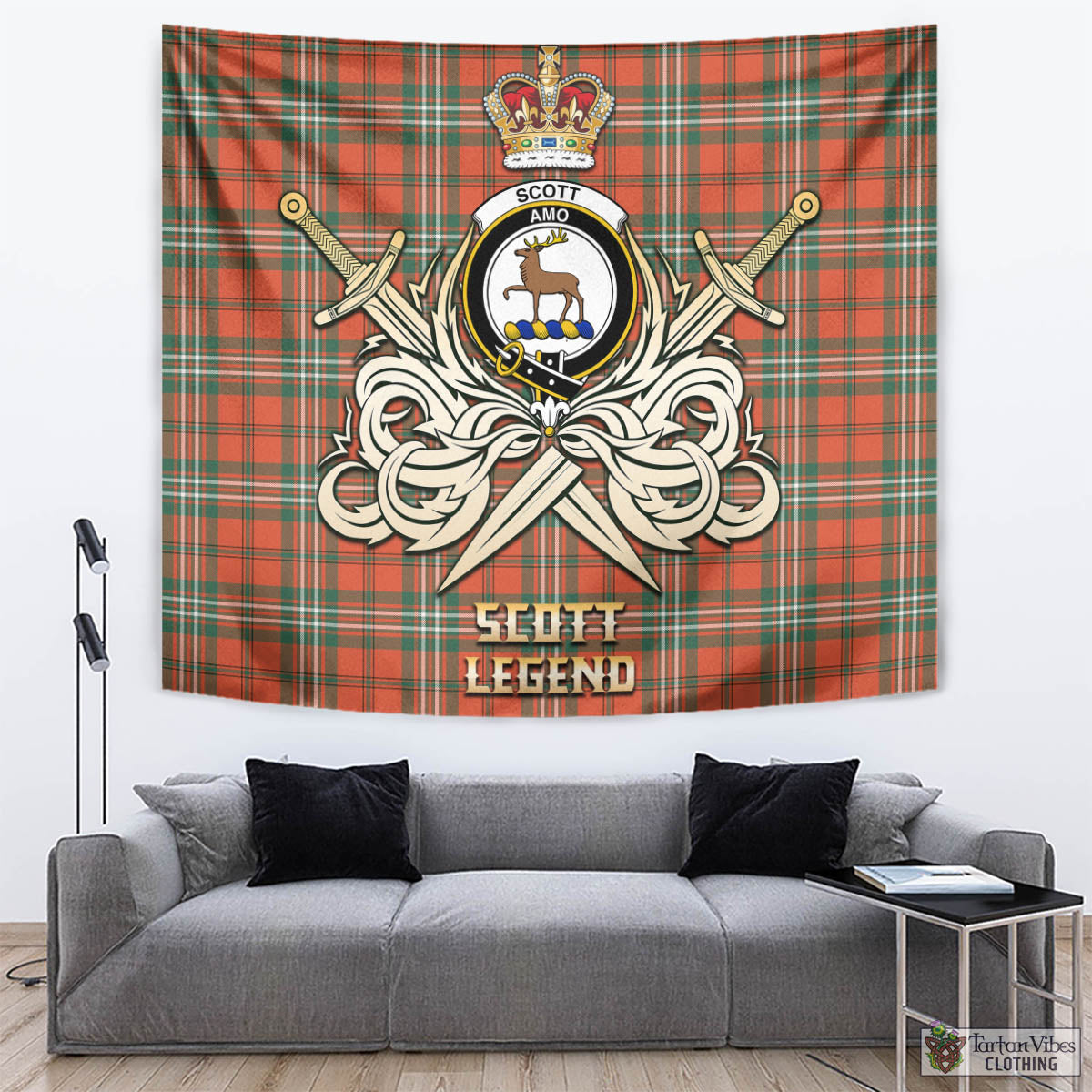 Tartan Vibes Clothing Scott Ancient Tartan Tapestry with Clan Crest and the Golden Sword of Courageous Legacy