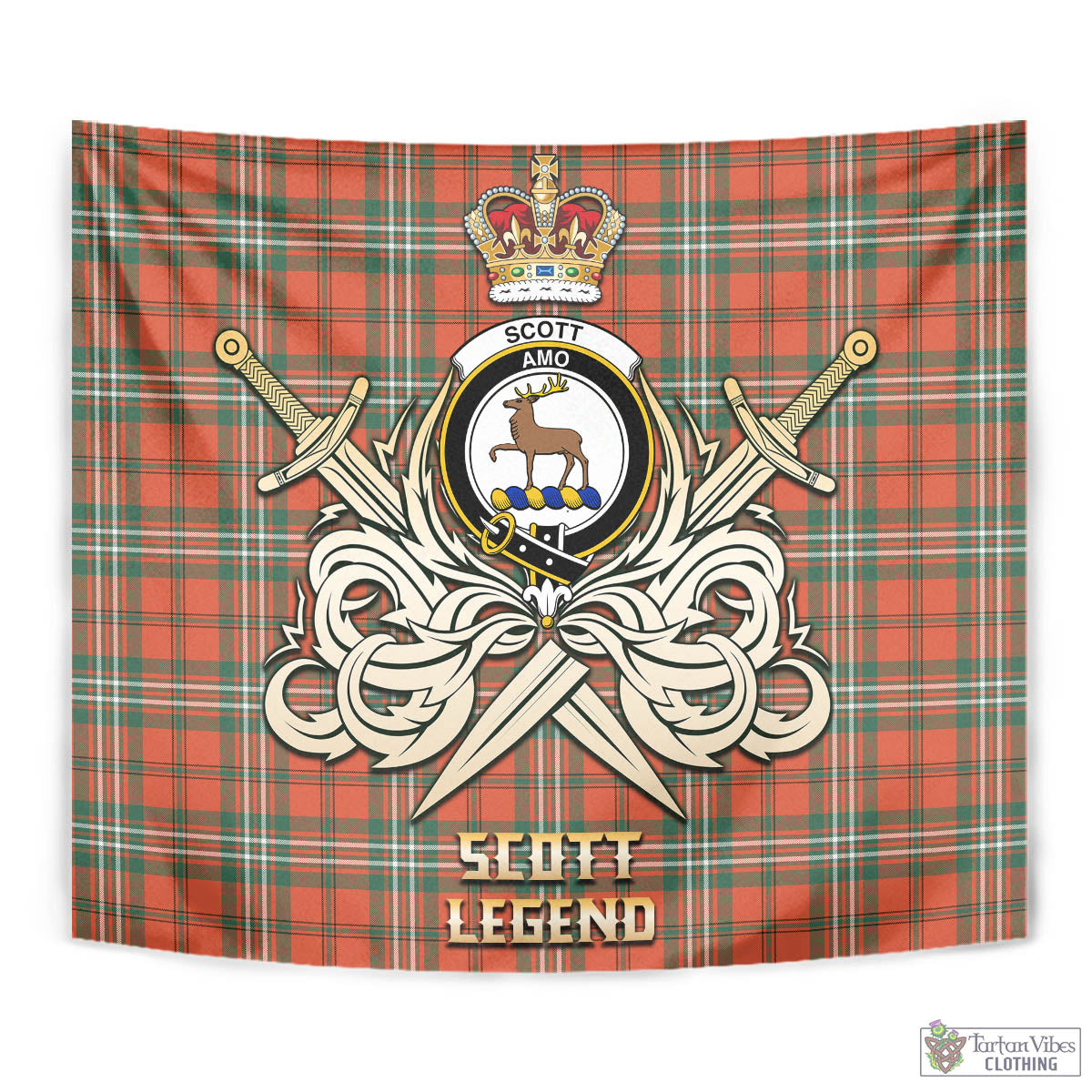 Tartan Vibes Clothing Scott Ancient Tartan Tapestry with Clan Crest and the Golden Sword of Courageous Legacy