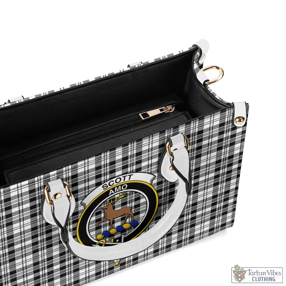 Tartan Vibes Clothing Scott Black White Tartan Luxury Leather Handbags with Family Crest