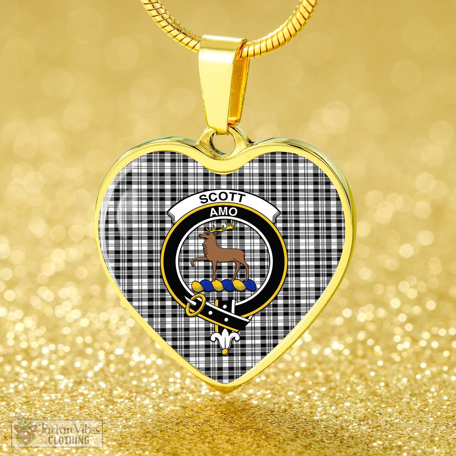 Tartan Vibes Clothing Scott Black White Tartan Heart Necklace with Family Crest