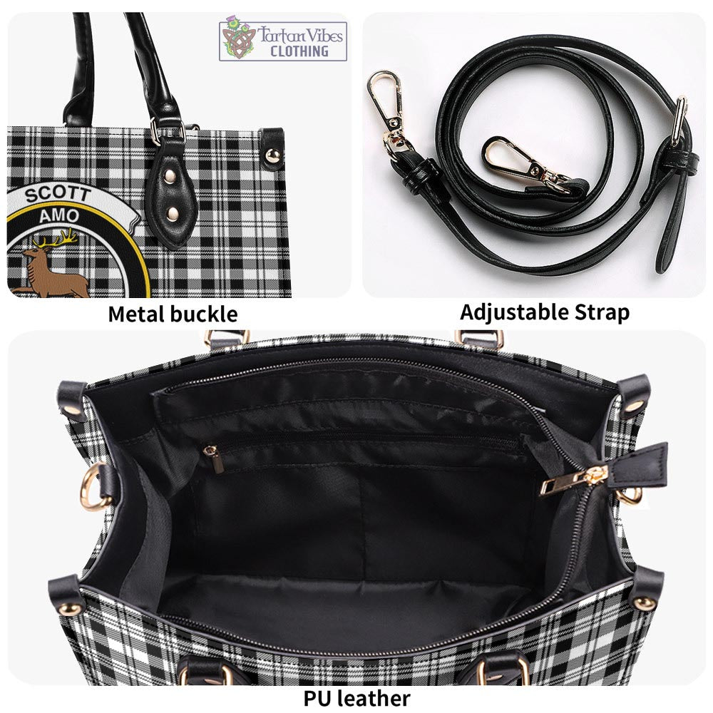 Tartan Vibes Clothing Scott Black White Tartan Luxury Leather Handbags with Family Crest