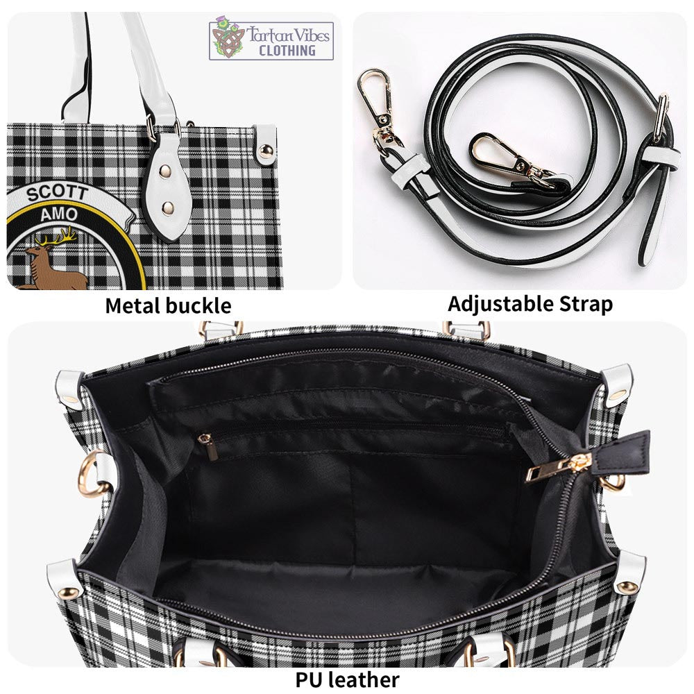 Tartan Vibes Clothing Scott Black White Tartan Luxury Leather Handbags with Family Crest