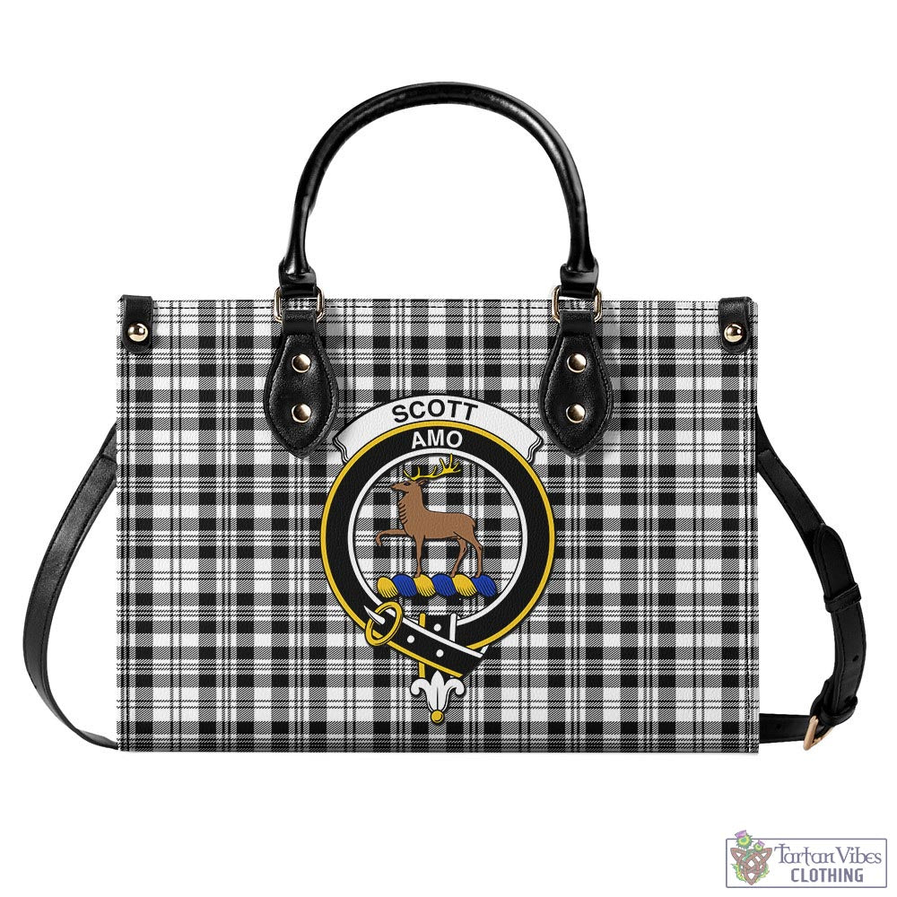 Tartan Vibes Clothing Scott Black White Tartan Luxury Leather Handbags with Family Crest