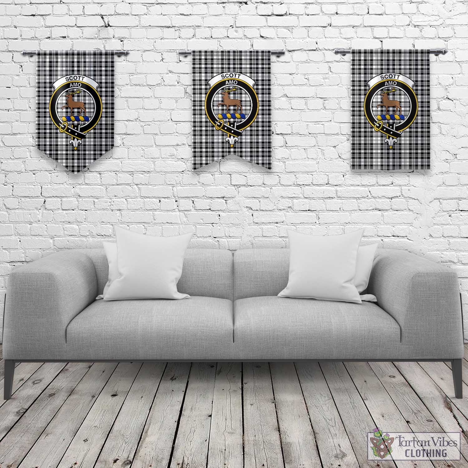 Tartan Vibes Clothing Scott Black White Tartan Gonfalon, Tartan Banner with Family Crest