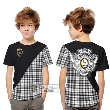 Scott Black White Tartan Kid T-Shirt with Family Crest and Military Logo Style