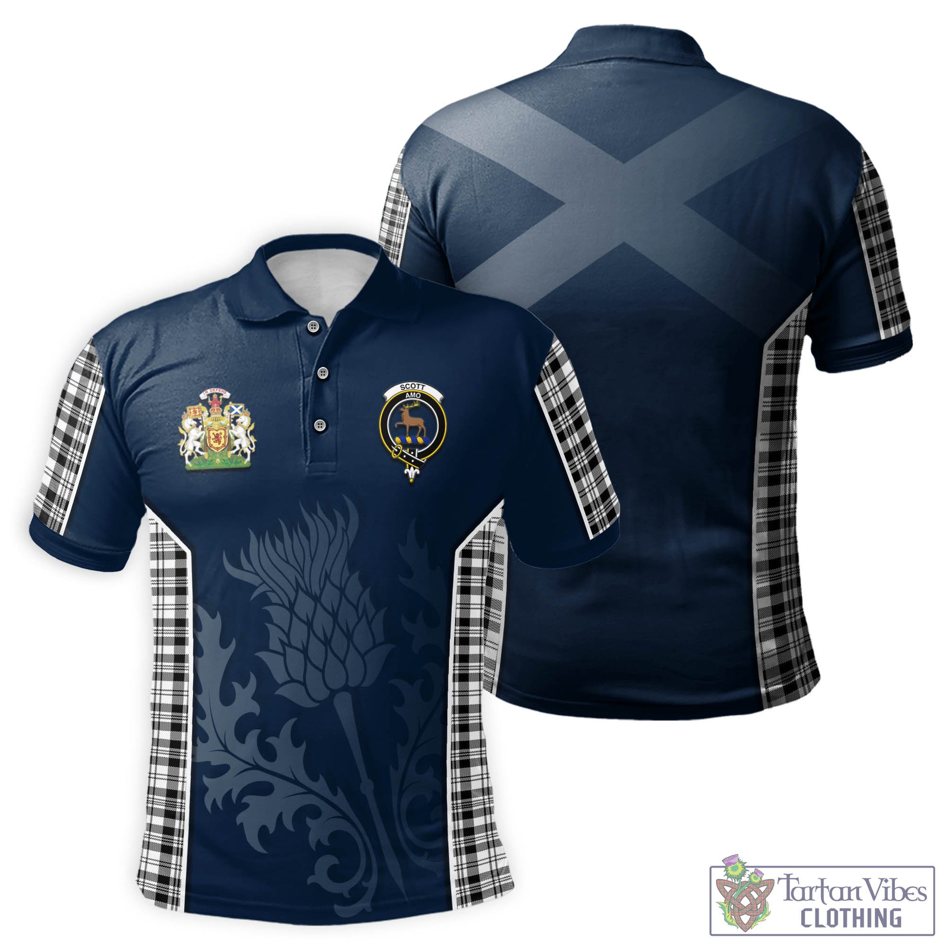 Tartan Vibes Clothing Scott Black White Tartan Men's Polo Shirt with Family Crest and Scottish Thistle Vibes Sport Style