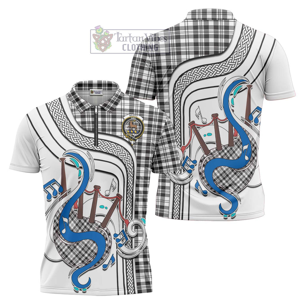 Scott Black White Tartan Zipper Polo Shirt with Epic Bagpipe Style Unisex - Tartanvibesclothing Shop