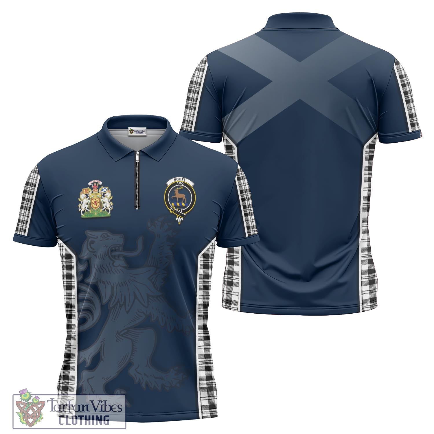 Tartan Vibes Clothing Scott Black White Tartan Zipper Polo Shirt with Family Crest and Lion Rampant Vibes Sport Style