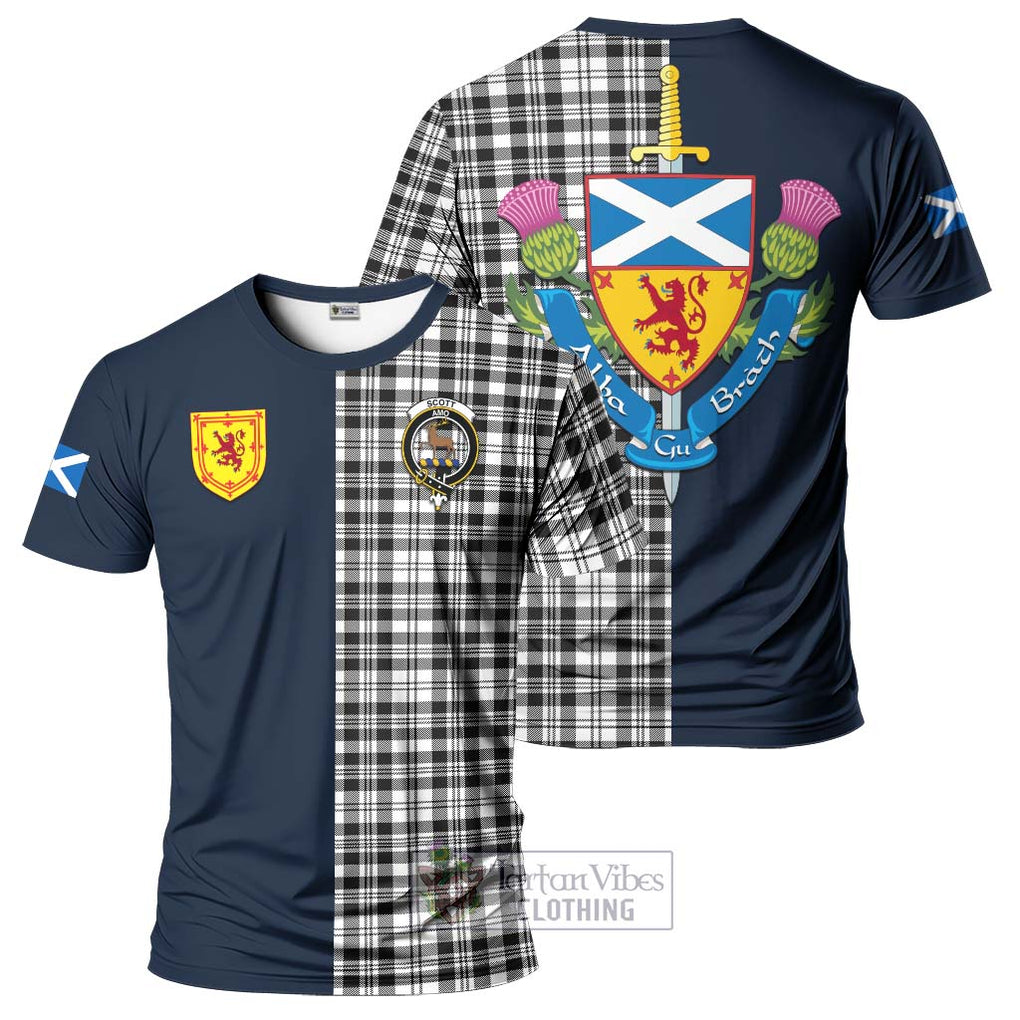 Tartan Vibes Clothing Scott Black White Tartan T-Shirt Alba with Scottish Lion Royal Arm Half Style