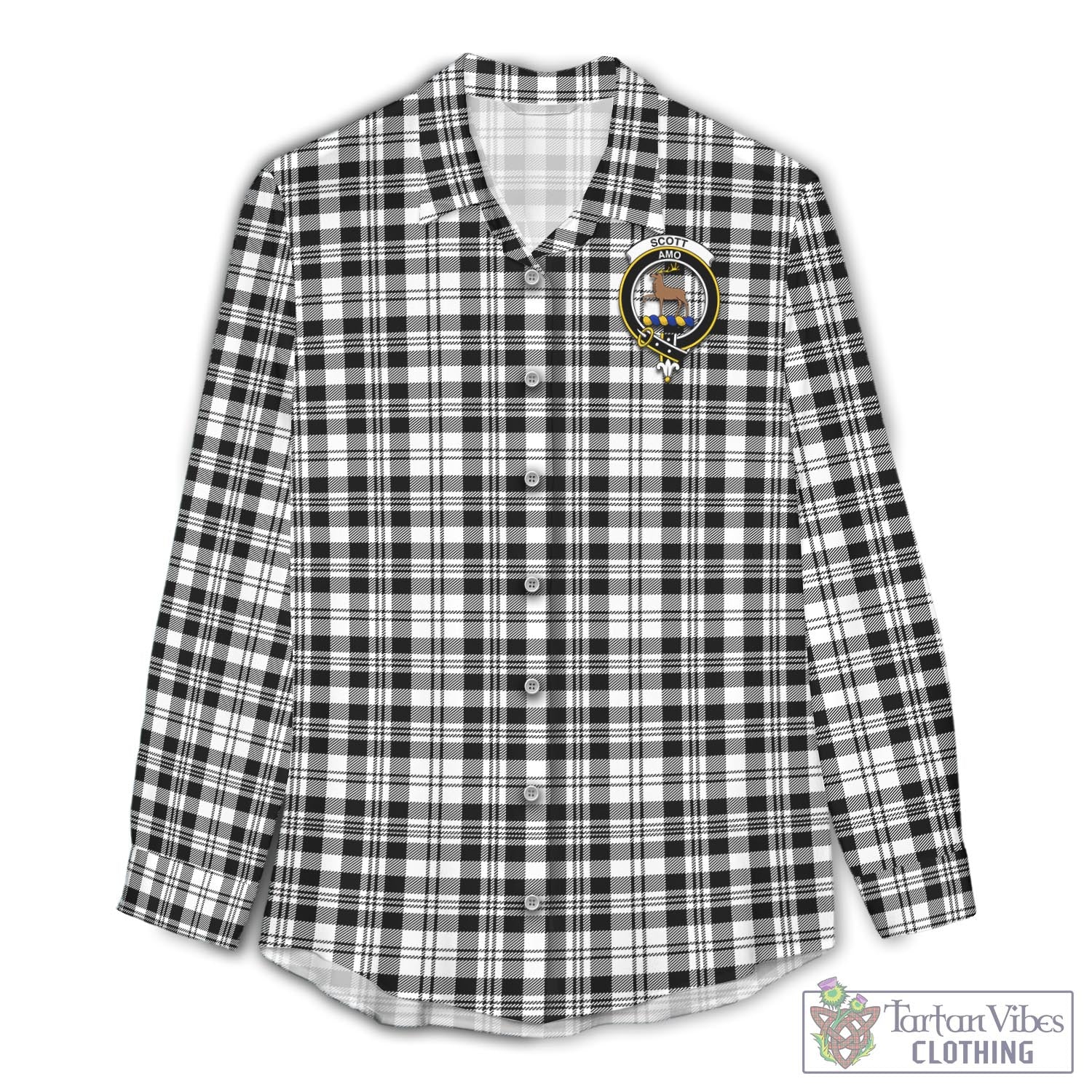 Tartan Vibes Clothing Scott Black White Tartan Womens Casual Shirt with Family Crest