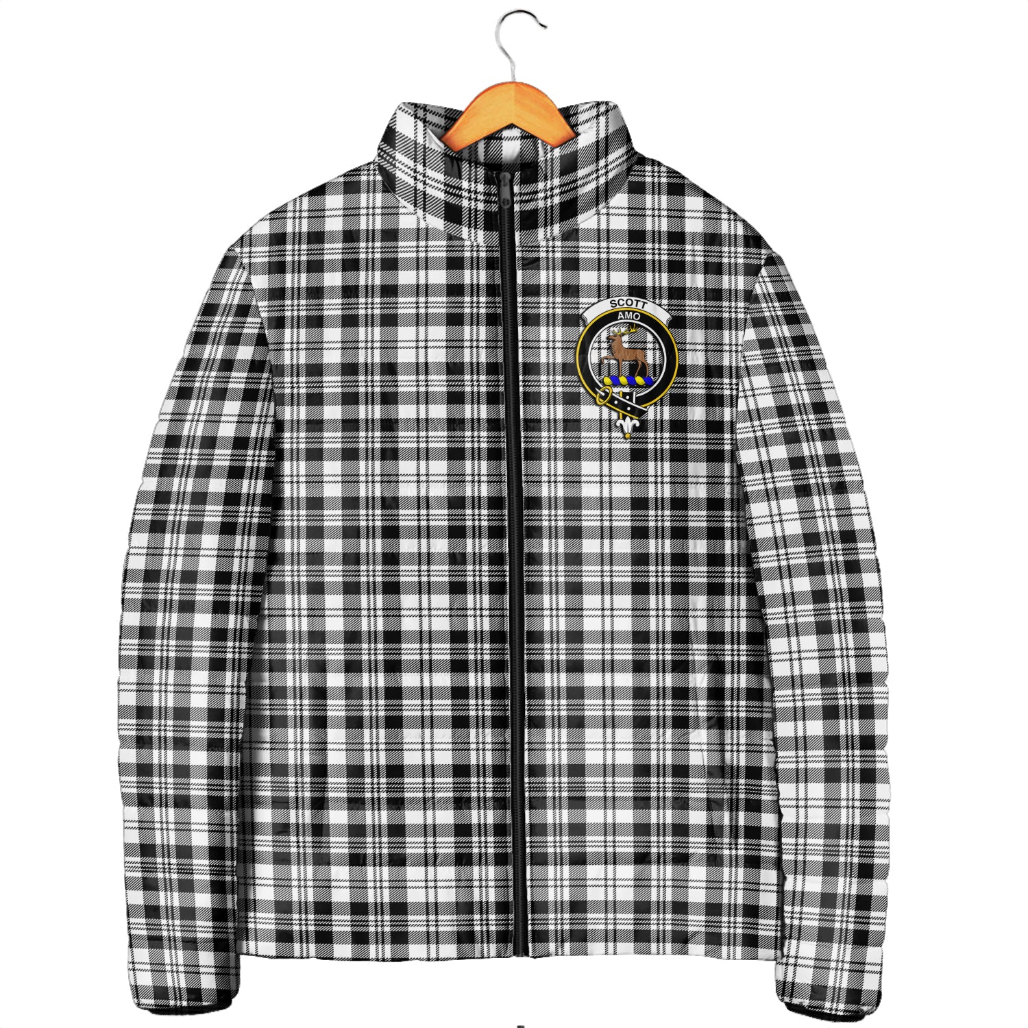 Scott Black White Tartan Padded Jacket with Family Crest Men's Padded Jacket - Tartan Vibes Clothing